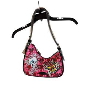 Ed Hardy Asymmetric Hobo Bag Hot Pink Skull Vegan Leather Y2K Shoulder Bag